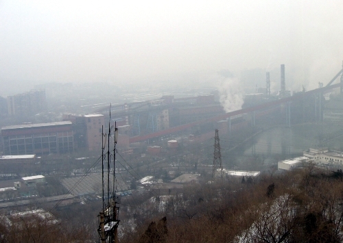 Factory scene on a foggy day.