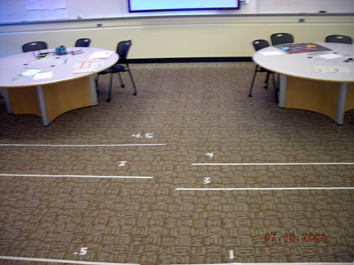 White strips of tape on the floor denote energy levels.