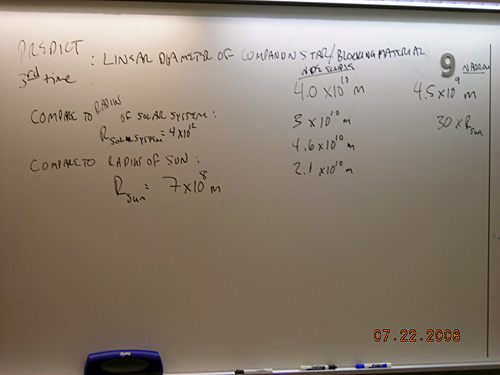 Whiteboard notes about linear diamter of blocking material.