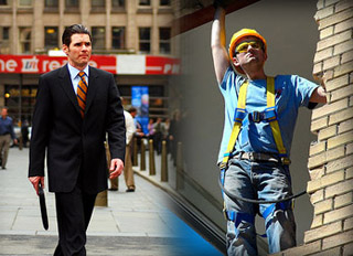 Left: man in suit walking. Right: man in construction wear standing in unfinished brick window sill.