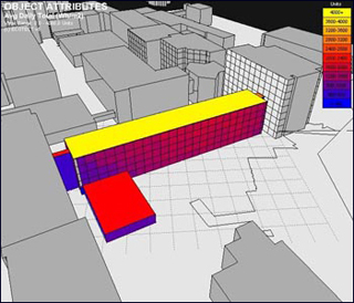 Computer rendering of light levels on a building.