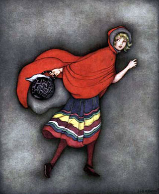 An illustration of Little Red Riding Hood carrying a basket.