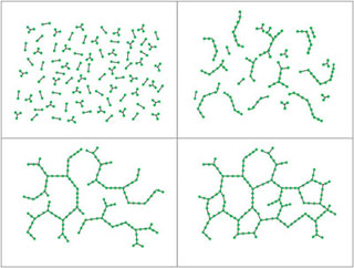 Four figures showing molecular bonds forming as epoxy cures.