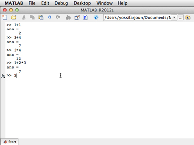 Screenshot of MATLABs command prompt and a series of for basic mathematical operations.