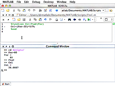 Screenshot of a function definition to covert Fahrenheit to Celsius and the respective function call.