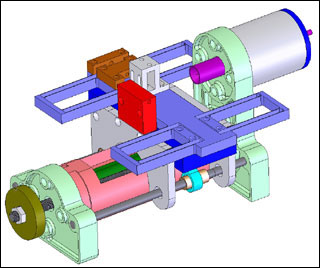 A CAD model of the lathe with major sections colored for clarity.