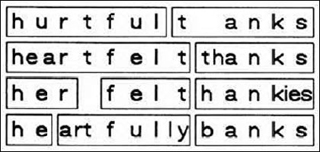 Diagram comparing the word boundary relationships among the similar utterances 'hurtful tanks,' 'heartfelt thanks,' 'her felt hankies,' and 'he artfully banks.'