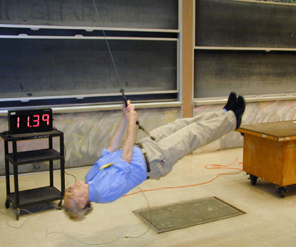 Photo of Prof. Lewin swinging on a pendulum.