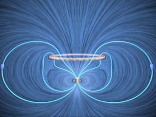 Visualization showing purple magnet with blue field lines curving around it.