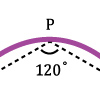 A diagram featuring a dotted line at a 120 degree angle. A purple arc rests over it. On top of that is a capital P.