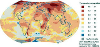 Chart of global increases in annual temperatures for the five-year period 2001-2005, relative to 1951-1980.