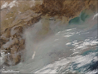 A satellite image showing clouds of pollution over Eastern China.