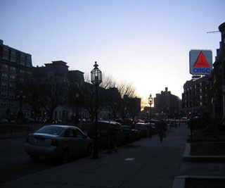 Kenmore Square at dusk.