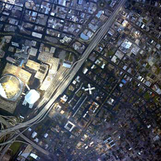 Downtown New Orleans flooded by Hurricane Katrina.