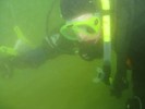 Photograph of Dan underwater; his image is blurred by the poor visibility.