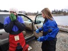 Photograph of Marissa and Kat, freezing after their dive.